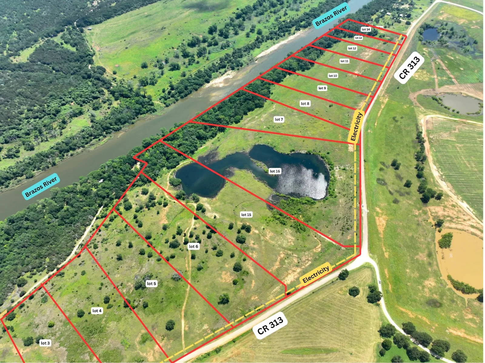 Brazos River Ranch lot layout map — available riverfront tracts in Granbury, TX