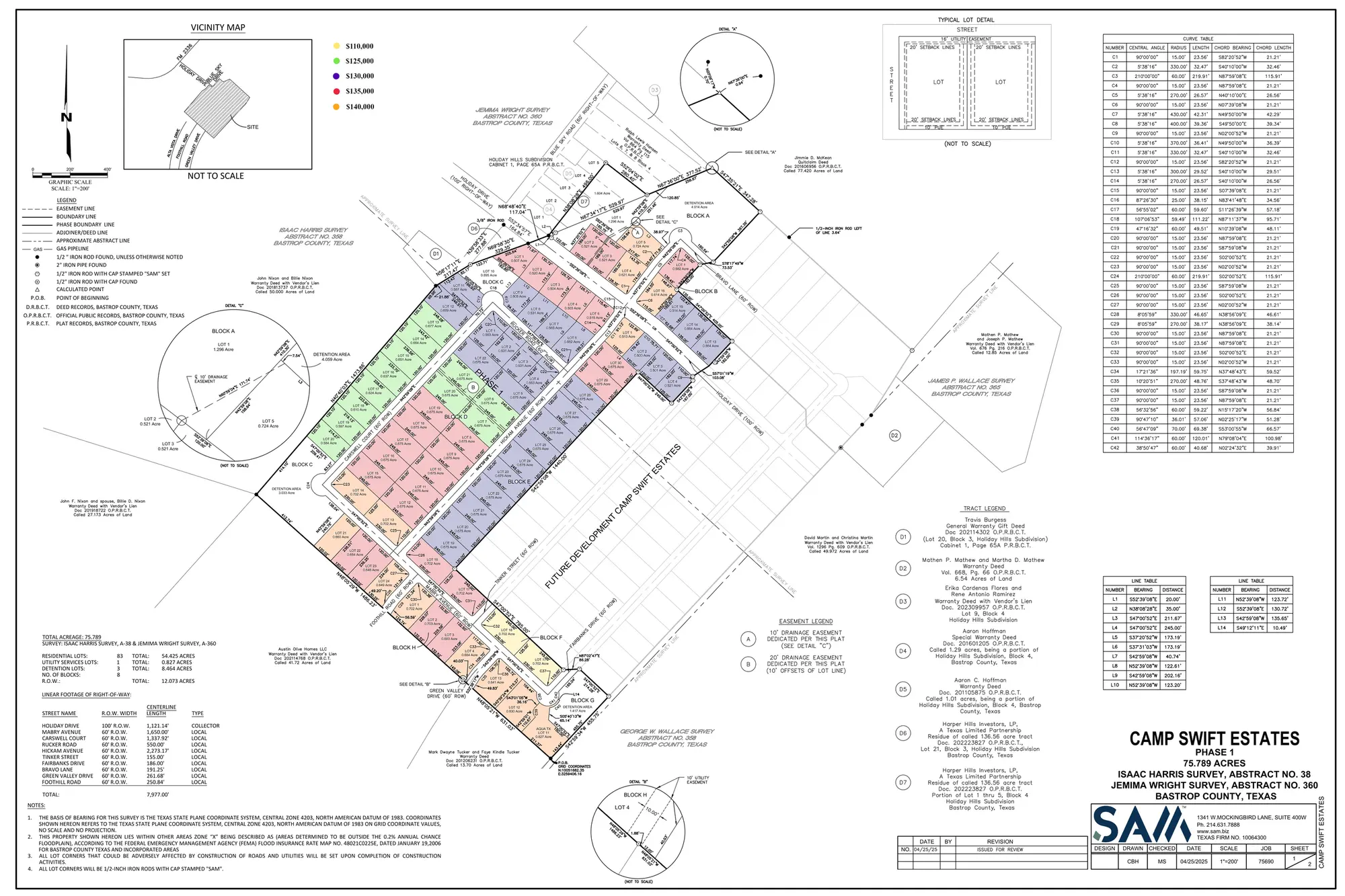Camp Swift Estates lot map &mdash; 82 available lots across 8 blocks in Bastrop, TX