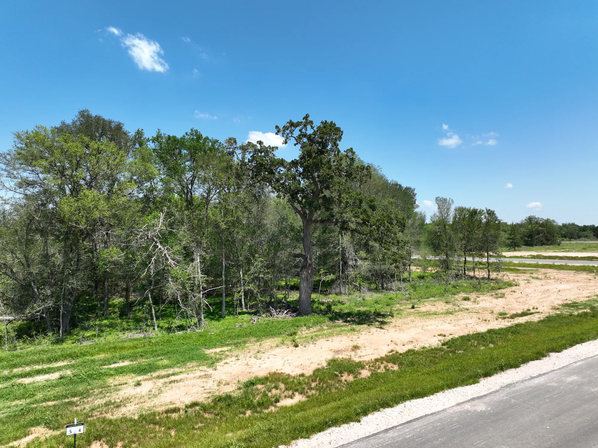 Paved streets and mature oak trees at Camp Swift Estates in Bastrop, TX